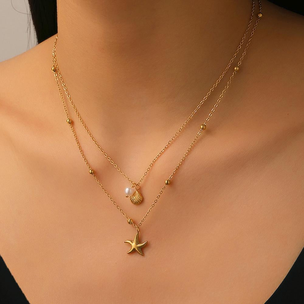 Designs & You Star, Shell and Pearl Layered Necklace (Golden)