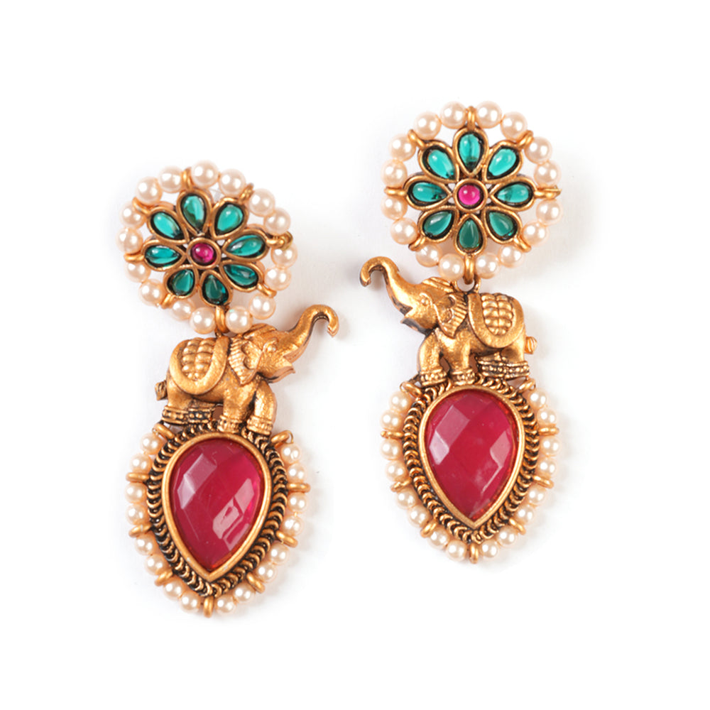 PANASH Elephant Design Drop Earrings (Golden, Red)