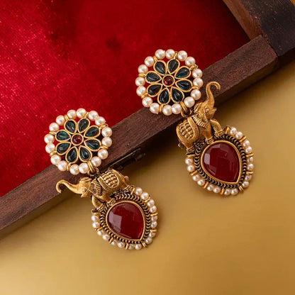 PANASH Elephant Design Drop Earrings (Golden, Red)
