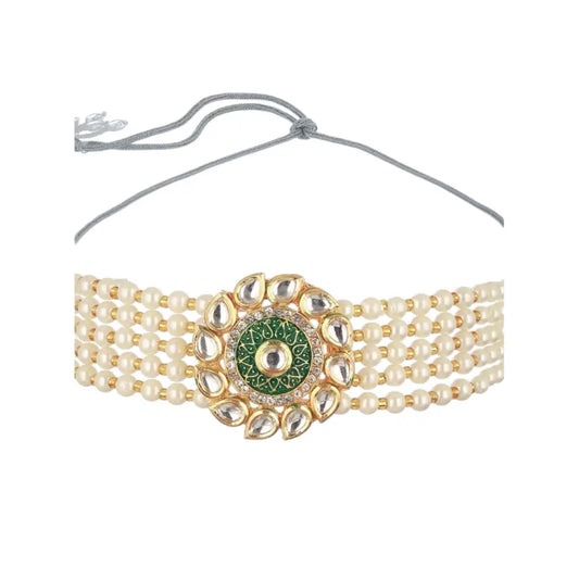 Aatmana Kundan-Studded Beaded Ethnic Necklace Set (Green, White)