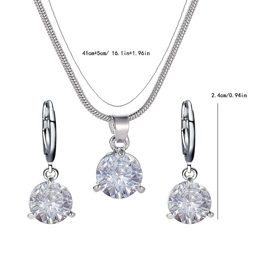 Designs & You Cubic Zirconia Studded Solitaire Contemporary Necklace Set (Silver)