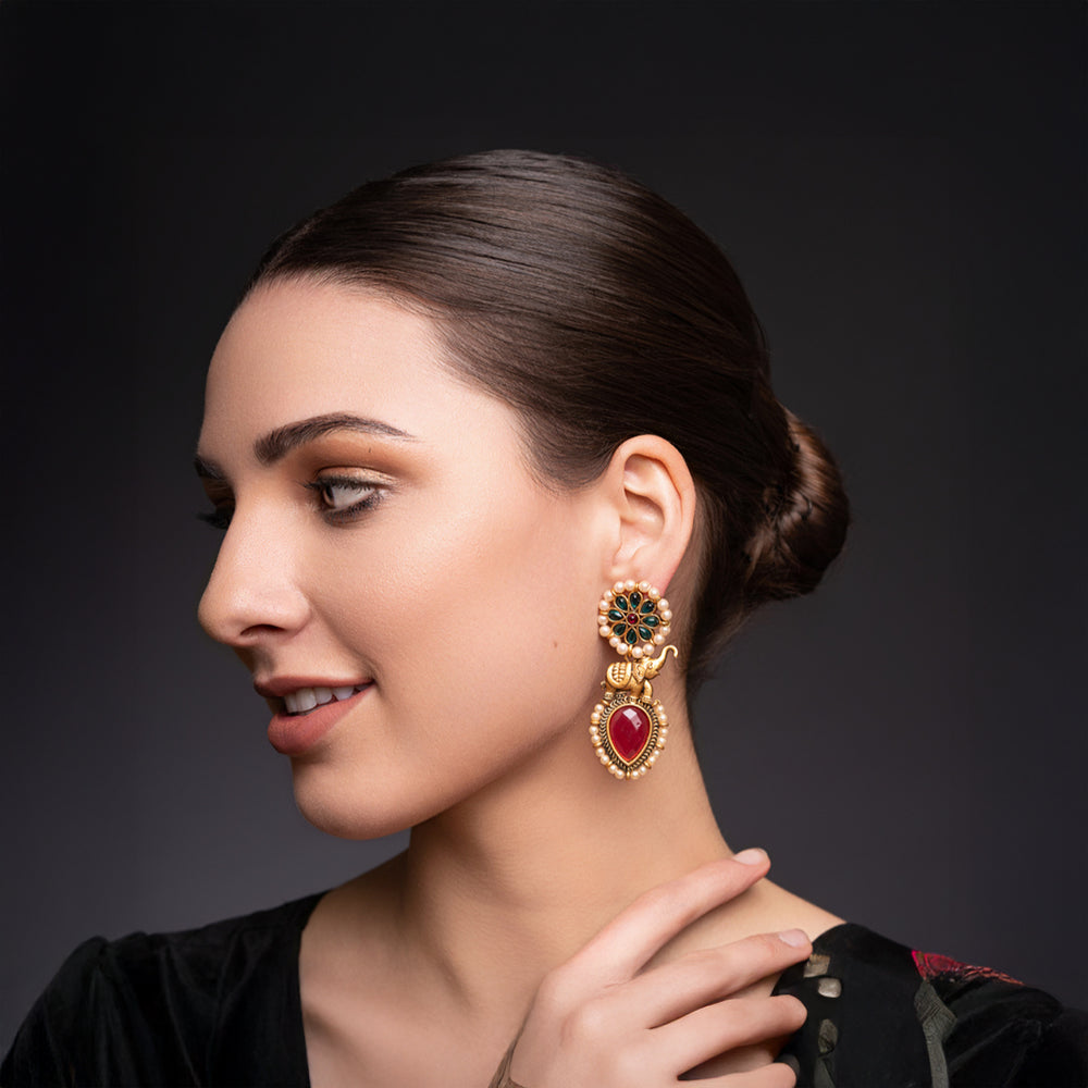 PANASH Elephant Design Drop Earrings (Golden, Red)
