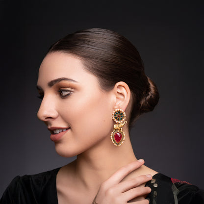 PANASH Elephant Design Drop Earrings (Golden, Red)