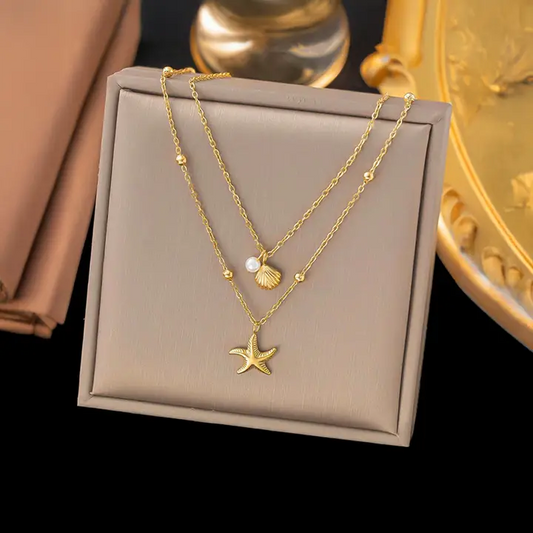 Designs & You Star, Shell and Pearl Layered Necklace (Golden)